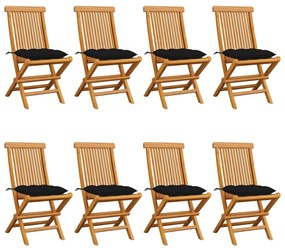 3072939 vidaXL Градински столове с черни възглавници 8 бр тик масив