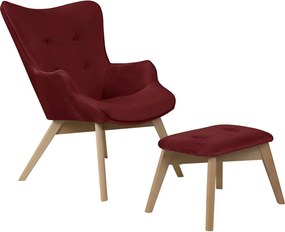 Червен кадифен фотьойл с табуретка Niko – Ropez