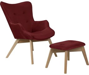 Червен кадифен фотьойл с табуретка Niko – Ropez