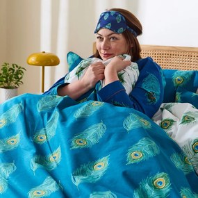 Бяло-тюркоазено единично памучно спално бельо 135x200 cm Peacock Feather – Their Nibs