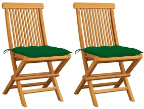 3062480 vidaXL Градински столове със зелени възглавници 2 бр тик масив
