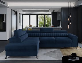 Син кадифен разтегателен ъглов диван с място за съхранение (ляв ъгъл L форма) Laurence – ELTAP
