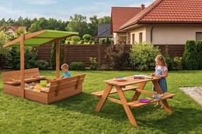 Детска градинска маса за пикник с пейки, естествено дърво, 90 × 90 см