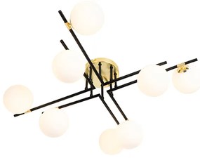 Таванна лампа черна със злато и опалово стъкло 8-лампи - Lynn