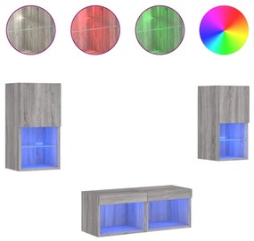3216574 vidaXL ТВ стенни шкафове, 4 части, с LED светлини, сив сонома