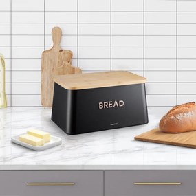 Кутия за хляб с капак за рязане Kinghoff KH 1948, 35 см, Бамбук, Стомана, Черен