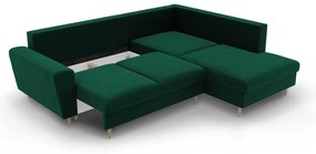 Зелен кадифен разтегателен ъглов диван с място за съхранение (десен ъгъл/L форма) Kyoto – Cosmopolitan Design