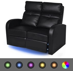 243599 vidaXL LED диван реклайнер, 2-местен, изкуствена кожа, черен