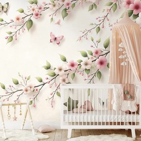 Самозалепващ фототапет – Нежни розови цветя и пеперуди