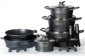 Комплект тенджери и тигани Royalty Line RL-ES1014M Silver, Лят алуминий, 14 части, Мраморно покритие, Сребрист
