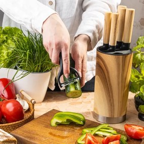 Комплект кухненски ножове Klausberg KB 9036, 7 ч, Неръждаема стомана, Дървесен ефект, Стойка, Кафяв