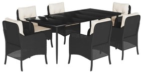 3211911 vidaXL Градински трапезен комплект 7 части възглавници черен полиратан