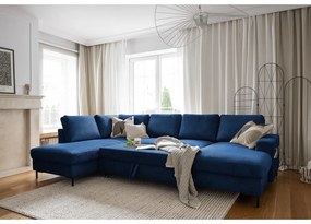 Тъмносин разтегателен ъглов диван от рипсено кадифе (ляв ъгъл) Lofty Lilly – Miuform