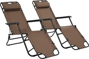 44346 vidaXL Сгъваеми шезлонги с подложки за крака, 2 бр, стомана, кафяви