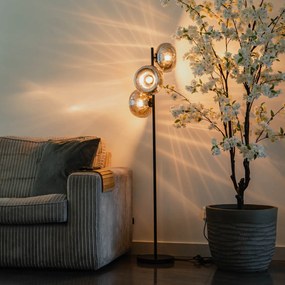 Подова лампа в стил Арт Деко черна с опушено стъкло 3-светлина - Ayesha