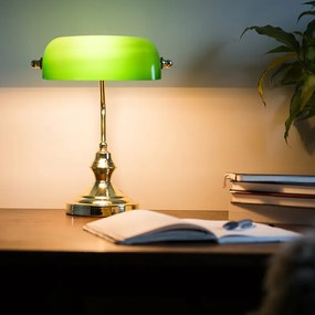 Класическа настолна лампа/нотариална лампа месинг със зелено стъкло - Banker