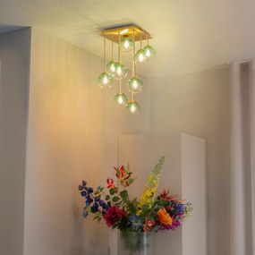 Таванна лампа в стил арт деко златиста със зелено стъкло 9-светлина - Атина