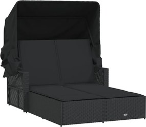 365807 vidaXL Двоен шезлонг със сенник и възглавници черен полиратан