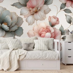 Самозалепващ фототапет – Елегантни пастелни цветя с листа
