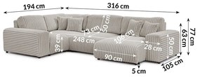 Светлосив ъглов диван от рипсено кадифе (ляв ъгъл/U форма) Justin – Ropez