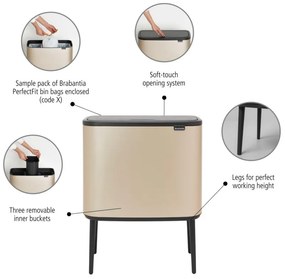 Кош за смет Brabantia Bo Touch 1003216, 3x11 л, Плавно и безшумно отваряне, Голям отвор, Златен металик