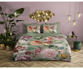 Зелено единично удължено спално бельо от памучен сатен 140x220 cm Fiori – Descanso