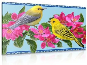 Картина на платно – Птички и цветя във винтидж изпълнение