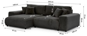 Тъмносив разтегателен ъглов диван от рипсено кадифе с място за съхранение (ляв ъгъл) Sarina – Ropez