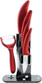 Комплект ножове с поставка ZILNER ZL 5123, 6 части, Белачка, Керамично покритие, Червен