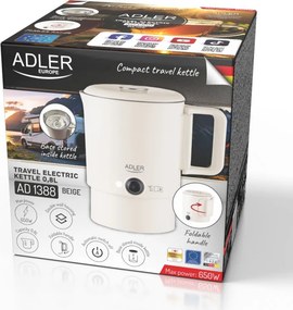 Електрическа кана за туризъм Adler AD 1388b, 650W, 0.8 л, Сваляем капак, Въртяща се основа, Бежов