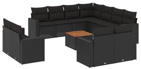3224382 vidaXL Градински диван с възглавници, 12 части, черен, полиратан