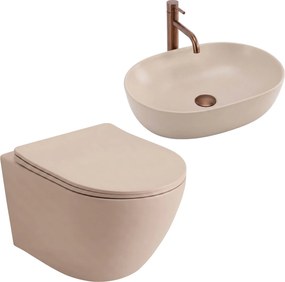 Комплект Конзолна WC Чиния Focus + Умивалник за Плот Rea Focus Taupe