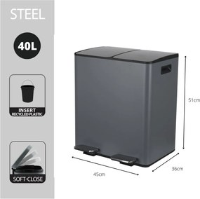 Тъмносиво стоманено кошче за боклук 2x20 l за рециклиране с педал Aliya – Spirella
