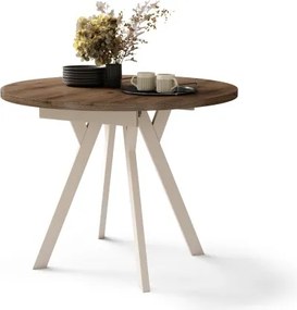 АЛМО Елегантен Орех/бежови крака - КРЪГЛА РАЗТЕГАТЕЛНА МАСА С Y-ОБРАЗНИ КРАКА В ЛОФТ/ИНДУСТРИАЛЕН СТИЛ ЗА ХОЛ ИЛИ ТРАПЕЗАРИЯ