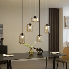 Модерен висящ лампион черен с кехлибарено стъкло 5 светлини - Sheena