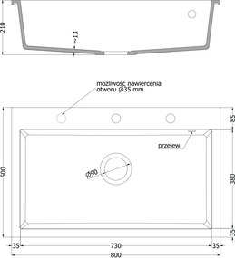 Mexen Elix гранитна мивка с 1 отделение 800 x 500 мм, черна с пръски, сифон хром - 6527801005-76