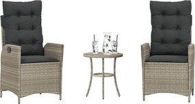 365278 vidaXL Бистро комплект с възглавници 3 части светлосив полиратан