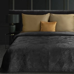 Черна покривка за легло от фино кадифе с принт на листа от гинко Ширина: 220 см | Дължина: 240 см