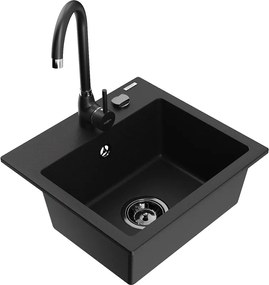 Mexen Milo гранитна кухненска мивка с 1 отделение и кухненски смесител Telma, черен - 6505-77-670200-70-B