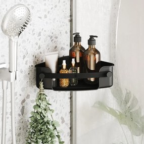 Черен ъглов пластмасов рафт за баня без пробиване Flex Adhesive – Umbra