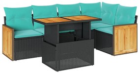 3327711 vidaXL Градински диван с възглавници, 6 части, черен полиратан, акация