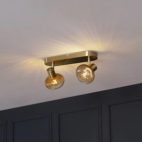 Кръгла таванна лампа златна с кехлибарено стъкло 2-светлинна - Теди