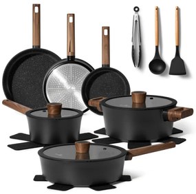Комплект тенджери и тигани Just Perfecto JL-111, 15 части, Отливка, Гранитно покритие, Индукция, Аксесоари, Черен
