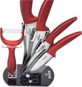 Комплект ножове с поставка ZILNER ZL 5123, 6 части, Белачка, Керамично покритие, Червен