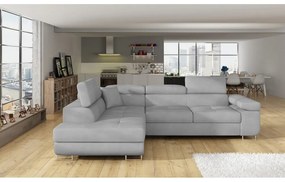Светлосив кадифен разтегателен ъглов диван с място за съхранение (ляв ъгъл L форма) Anton – ELTAP