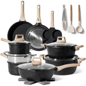 Комплект тенджери и тигани Just Perfecto JL-722, 21 ч, Отливка, Мраморно покритие, Индукция, Съд за готвене на пара, Аксесоари, Черен