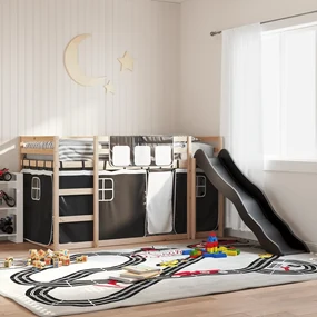 3284107 vidaXL Двуетажно легло с пързалка и завеси, бяло и черно, 90x200 см