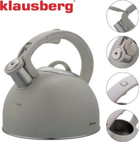Свирещ чайник Klausberg KB 7912, 2.5 л, Дръжка с дървесен ефект, Индукция, Светлосив