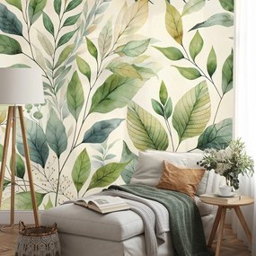 Тапет – Зелени акварелни листа на бежов фон