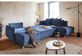 Тъмносин ъглов разтегателен диван от велур (десен ъгъл/U-образна форма) Lazy Lukka - Miuform